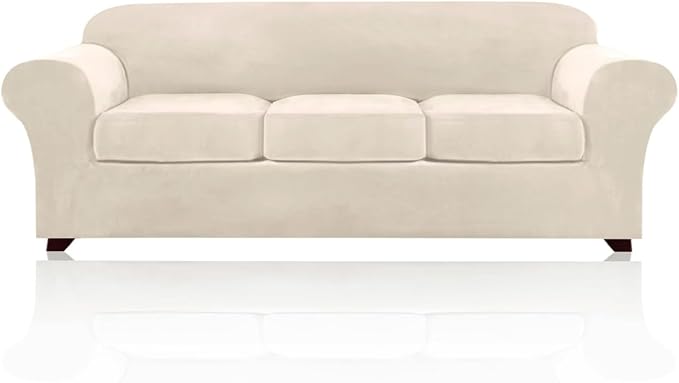PrinceDeco Velvet Couch Covers for Sofa Soft 4 Pieces Couch Covers for 3 Cushion Couch Sofa Pet Friendly Furniture Protector with Non Slip Elastic Bottom Width Up to 97 Inch (Large Sofas, Ivory)