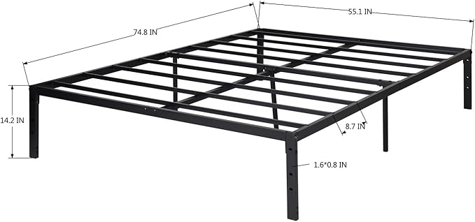 FurnitureR Modern Metal Platform Bed, Full/Twin Size Bed Frame with 14.2" Under-Bed Storage, Sturdy Locking Mechanism, Easy Assembly for Bedroom or Guest Room, Black (Full)