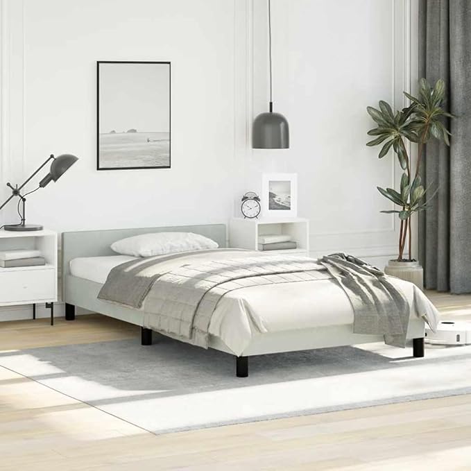 Light Grey Velvet Bed Frame with Soft Touch Upholstery and Durable Plywood Structure, Modern Single Bed for Adults, Compact Size Ideal for Small Bedrooms, Easy Assembly