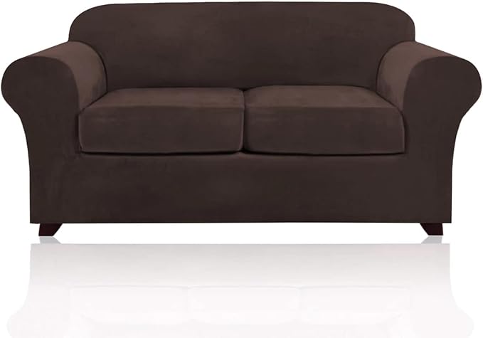 PrinceDeco Velvet Couch Cover Loveseat Covers for 2 Cushion Couch 3 Piece Sofa Covers for Dogs Washable Loveseat Covers Width Up to 72 Inch No Slip Stretch Sofa Slipcover (Medium, Brown)