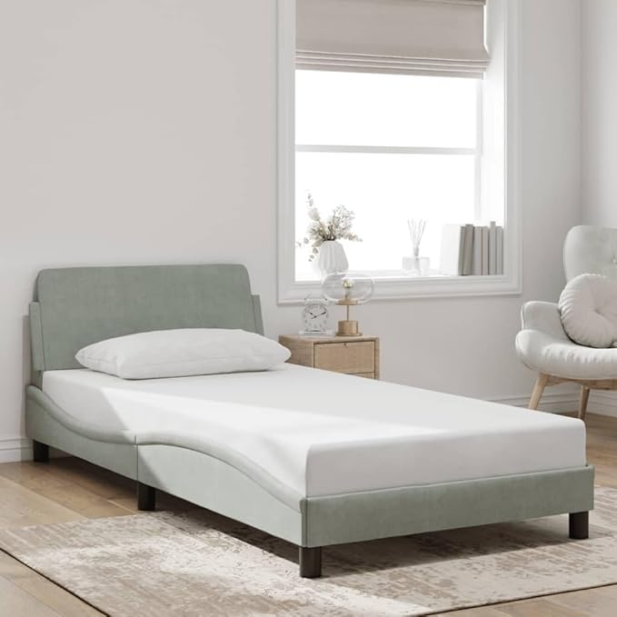 Light Gray Velvet Bed Frame with Storage, Modern Single Size Upholstered Platform for Small Spaces