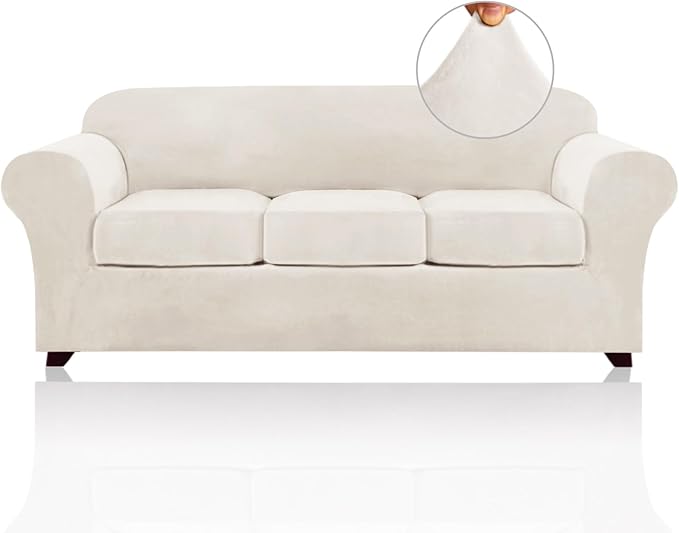 PrinceDeco Velvet Couch Covers for Sofa Soft 4 Pieces Couch Covers for 3 Cushion Couch Sofa Pet Friendly Furniture Protector with Non Slip Elastic Bottom Width Up to 97 Inch (Large Sofas, Cream)