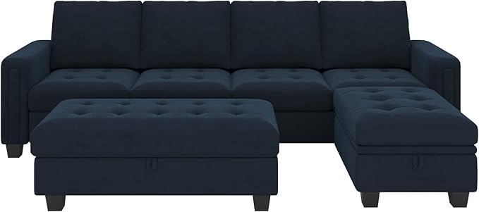 Belffin Velvet Convertible 4-Seat Sectional Sofa with Reversible Chaise L Shaped Sofa Couch Furniture Sets Sectional Couch with Storage Ottoman Blue