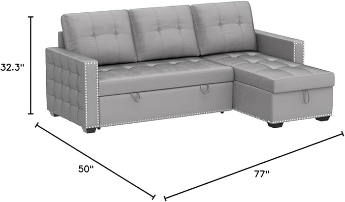 HABITRIO Sectional Sofa with Pull-Out Sleeper Bed, 76.8" Velvet Upholstered 2-Seat Solid Wood Frame Couch & Reversible Storage Chaise Lounge, Modern L-Shaped Corner Sofa for Living Room, Office