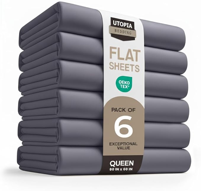 Utopia Bedding Flat Sheets - Pack of 6 - Soft Brushed Microfiber Fabric - Shrinkage & Fade Resistant Top Sheets - Easy Care (Queen, Grey)