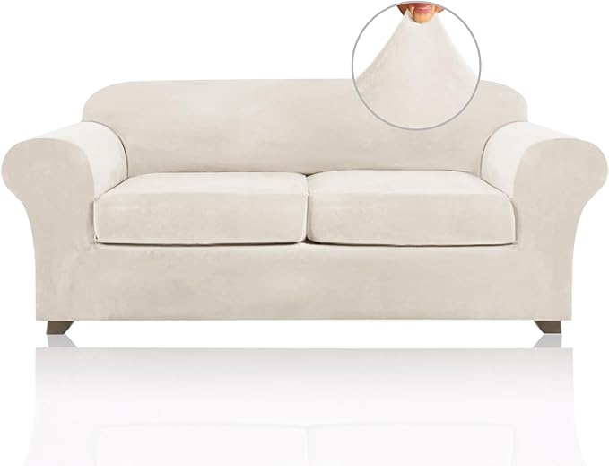 PrinceDeco Couch Cover Velvet Plush Sofa Covers for 2 Cushion Couch Width Up to 90 Inch Washable Furniture Protector Pet Friendly No Slip Sofa Slipcover(Medium-Large, Cream)