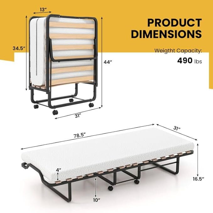 Giantex Folding Bed with Mattress for Adults, Cot Size Rollaway Bed for Guest, Portable Foldable Bed w/Memory Foam Mattress & Metal Frame for Easy Storage, 75"x 31"