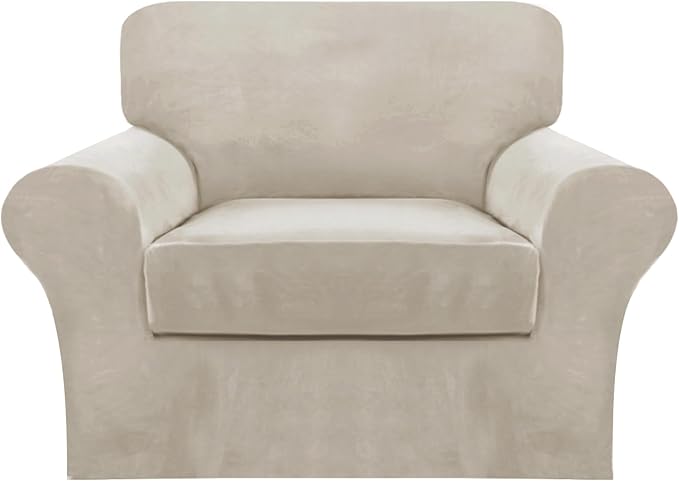 FantasDecor 2 Piece Chair Sofa Covers Velvet for Living Room Slipcovers with Individual Cushion Elastic Furniture Protector for Pets, Machine Washable (Armchair, French Oak)