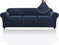 PrinceDeco Velvet Couch Covers for Sofa Soft 4 Pieces Couch Covers for 3 Cushion Couch Sofa Pet Friendly Furniture Protector with Non Slip Elastic Bottom Width Up to 97 Inch (Large Sofas, Navy)