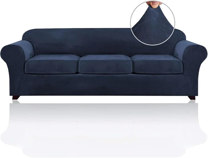PrinceDeco Velvet Couch Covers for Sofa Soft 4 Pieces Couch Covers for 3 Cushion Couch Sofa Pet Friendly Furniture Protector with Non Slip Elastic Bottom Width Up to 97 Inch (Large Sofas, Navy)