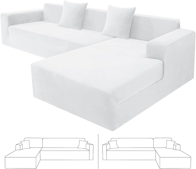 ZNSAYOTX 2026 Soft Velvet Sectional Couch Covers, Luxury Plush Slipcovers with Elastic Bottom for L Shape Sectional Sofa, 2 Pcs Pet Friendly Protector (3 Seat Couch + 2 Seat Chaise, White)