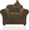 PrinceDeco Velvet Plush Couch Cover Stretch 2 Piece Chair Cover Chair Slipcover Washable Furniture Protector Couch Soft with Elastic Bottom Armchair Cover Width Up to 49 Inch(Small, Bronze Brown)