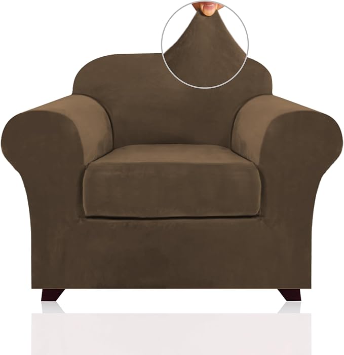 PrinceDeco Velvet Plush Couch Cover Stretch 2 Piece Chair Cover Chair Slipcover Washable Furniture Protector Couch Soft with Elastic Bottom Armchair Cover Width Up to 49 Inch(Small, Bronze Brown)