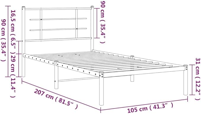 vidaXL Black Metal Bed Frame-Single 39.4"x78.7" with Headboard and Storage Space - Durable Steel Construction - Elegant Bedroom Furniture