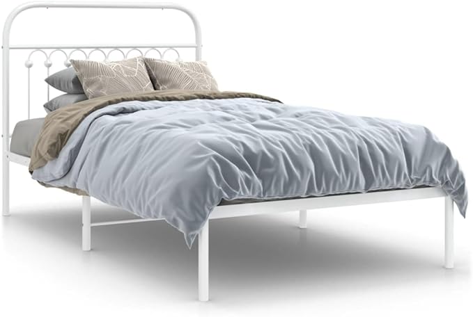 Classic White Metal Twin Bed Frame with Headboard, Sturdy Powder-Coated Rust-Resistant Design for Small Bedrooms and Guest Rooms, Fits Standard 39.4 x 78.7