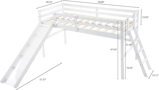 VINGLI Loft Bed with Slide, Twin Space Saving Kids Low Loft with Guardrail and Ladder, Pine Wood and Sturdy Single Bed Frame for Boys and Girls, White