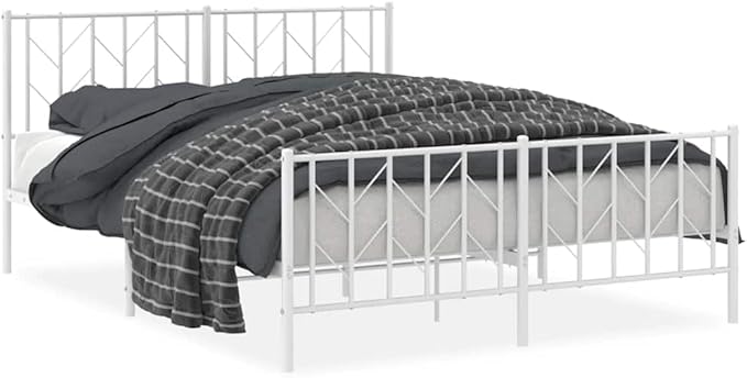 Bed Frame White Steel King Size Bed Frame Rectangular Easy Assembly for Bedroom