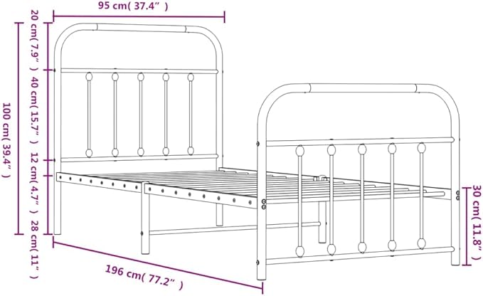 Bed Frame White Powder-Coated Steel Double Bed Bedroom Furniture for Living Room 35.4x74.8 in Frame