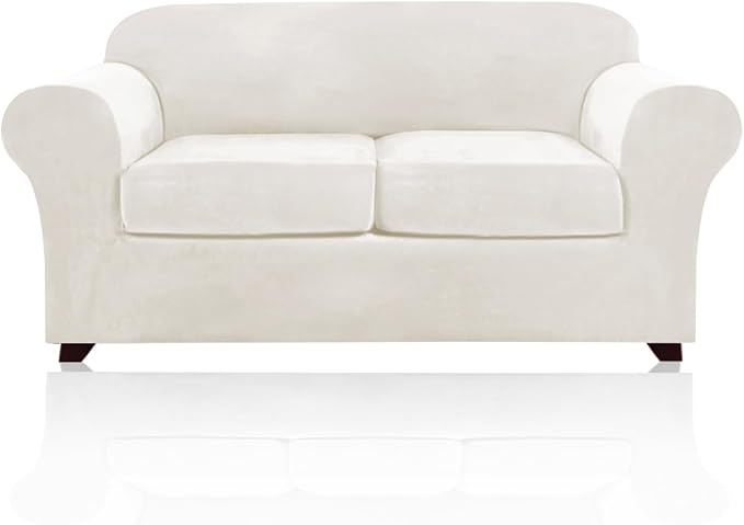 PrinceDeco Velvet Couch Cover Loveseat Covers for 2 Cushion Couch 3 Piece Sofa Covers for Dogs Washable Loveseat Covers Width Up to 72 Inch No Slip Stretch Sofa Slipcover(Medium, Porcelain)