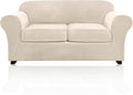 PrinceDeco Velvet Couch Cover Loveseat Covers for 2 Cushion Couch 3 Piece Sofa Covers for Dogs Washable Loveseat Covers Width Up to 72 Inch No Slip Stretch Sofa Slipcover(Medium, Ivory)