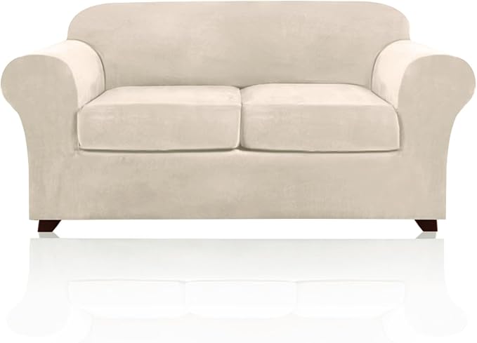 PrinceDeco Velvet Couch Cover Loveseat Covers for 2 Cushion Couch 3 Piece Sofa Covers for Dogs Washable Loveseat Covers Width Up to 72 Inch No Slip Stretch Sofa Slipcover(Medium, Ivory)