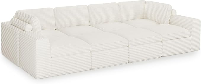 Boneless Modular Sectional Sleeper Sofa Bed Plush Corduroy Cloud Sectional Couches for Living Room with Deep Seat. White Couch.