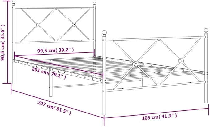 vidaXL Elegant White Steel Single Bed Frame with Headboard/Footboard - Under-Bed Storage - Metal Slats - 81.5"x41.3"x35.6"