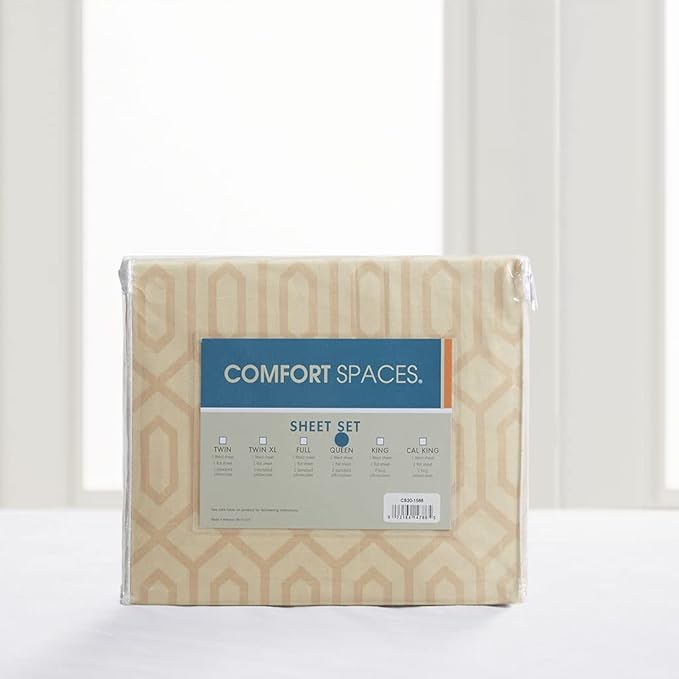 Comfort Spaces 100% Cotton Sheet Set Breathable, Lightweight, Soft with 12" Elastic Pocket Fits up to 14" Mattress, All Season Cozy Bedding, Matching Pillow Case, Twin XL Diamond Tan 3 Piece