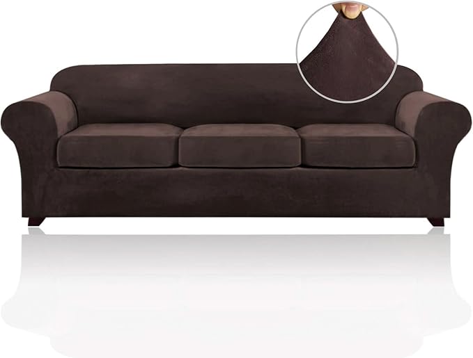 PrinceDeco Velvet XL Couch Cover for Oversized Sofa 4 Piece Sofa Covers for 3 Cushion Couch Washable Furniture Protector with Non Slip Elastic Bottom Width Up to 97 Inch(X-Large, Brown)