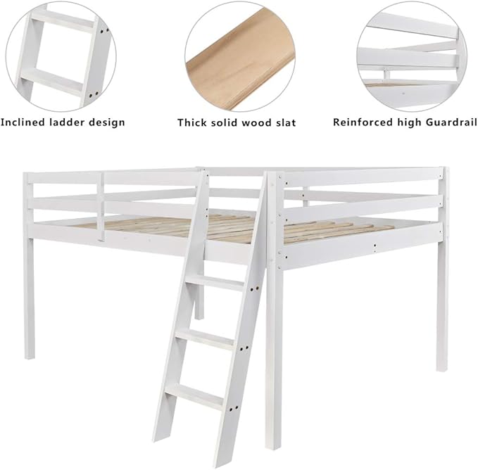 VINGLI Junior Low Loft Bed with Stairs, White Wood Loft Bed Full Size for Adults, Kids and Young Teens, No Box Spring Required,Wood Slat Support