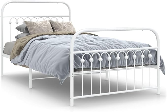 Modern Metal Bed Frame with White Powder-Coated Finish, Minimalist Contemporary Design for Small Rooms, Sturdy Steel Structure with Breathable Support and Easy