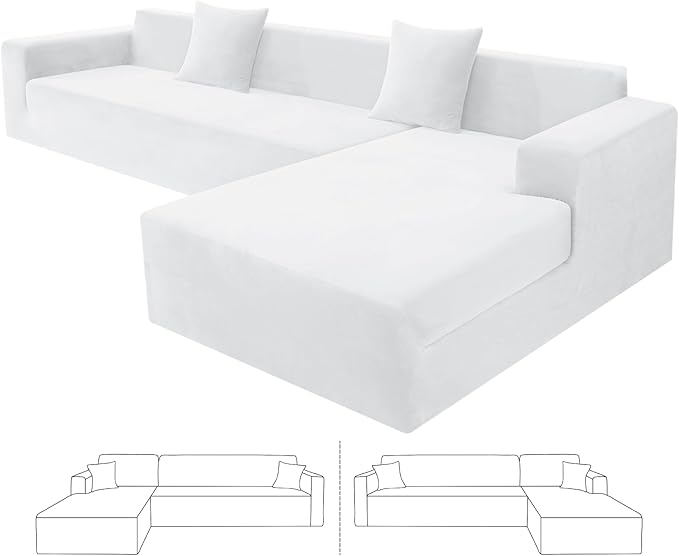ZNSAYOTX 2026 Soft Velvet Sectional Couch Covers, Luxury Plush Slipcovers with Elastic Bottom for L Shape Sectional Sofa, 2 Pcs Pet Friendly Protector (3 Seat Couch + 3 Seat Chaise, White)