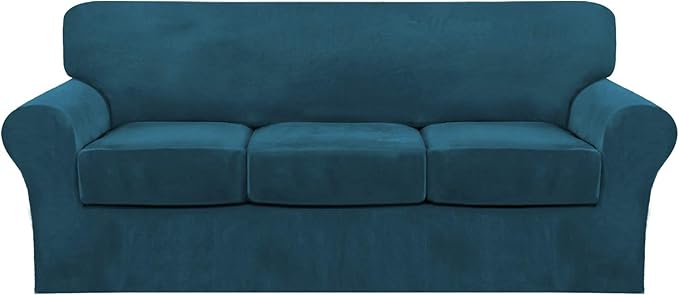 FantasDecor 4 Piece Sofa Velvet Couch Covers for 3 Cushion Stretch Slipcover with Individual Seat Cushion Elastic Furniture Protector for Pets, Machine Washable (Sofa, Deep Teal)