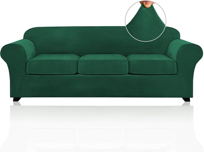 PrinceDeco Velvet Couch Covers for Sofa Soft 4 Pieces Couch Covers for 3 Cushion Couch Sofa Pet Friendly Furniture Protector with Non Slip Elastic Bottom Width Up to 97 Inch (Large Sofas, Green)