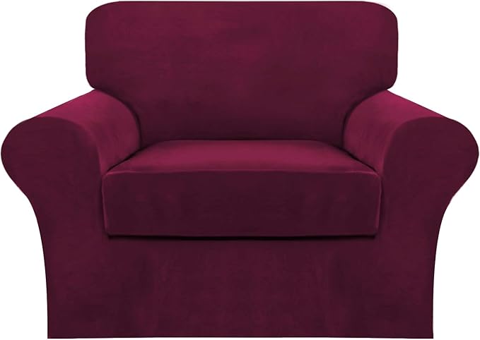 FantasDecor 2 Piece Chair Sofa Covers Velvet for Living Room Slipcovers with Individual Cushion Elastic Furniture Protector for Pets, Machine Washable (Armchair, Burgundy)