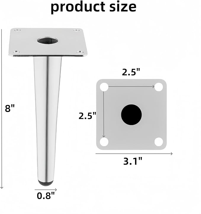 Silver Metal Furniture Legs Heavy Duty Straight Furniture Feet DIY Modern Replacement Legs for Cabinet Sofa Couch Chair-Set of 4 (Silver, 8")