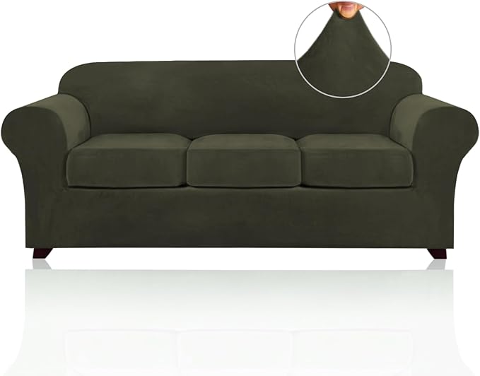 PrinceDeco Velvet Couch Covers for Sofa Soft 4 Pieces Couch Covers for 3 Cushion Couch Sofa Pet Friendly Furniture Protector with Non Slip Elastic Bottom Width Up to 90 Inch (Large, Olive)