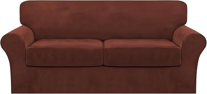 FantasDecor 3 Piece Sofa Covers Velvet for 2 Cushion Couch Stretch Loveseat Slipcover with Individual Seat Elastic Furniture Protector for Pets (Sofa, Burnt Brick)