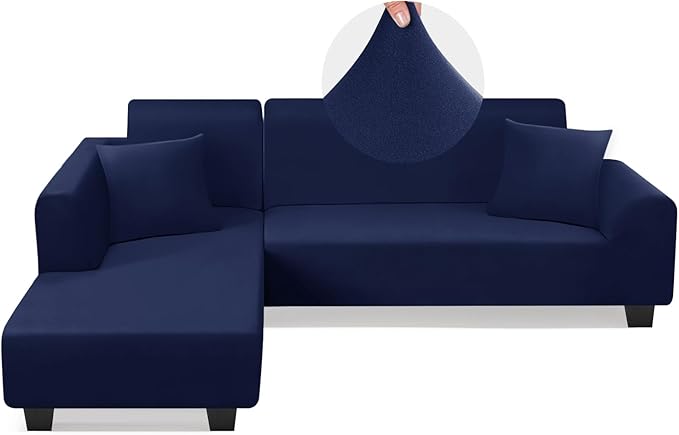 KinCam Sectional Couch Covers L Shape Sofa Covers Super Stretch 2pcs Sofa Slipcovers for 3 + 3 Seaters Sectional Chaise Slipcover with 2pcs Pillow Covers for Pets Kids (Dark Blue)
