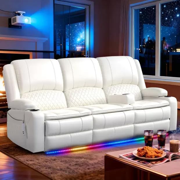 Power Loveseat Recliner Sofa, Removable Armrest 3 Seats Power Reclining Loveseat with Remote Liftable Console, Wall Hugger RV Theater Seating with Storage & USB & RGB (PU, White)