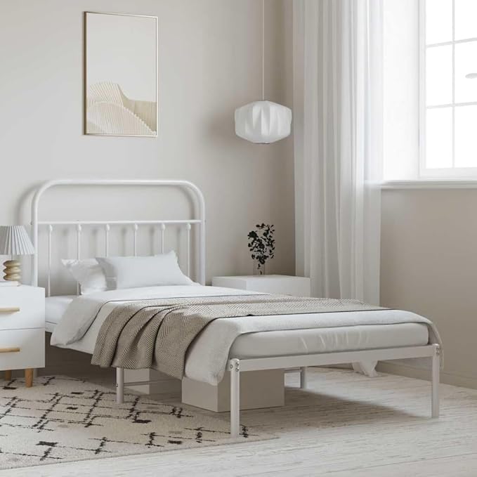 Bed Frame White Powder-Coated Steel Twin Bed Frame Rectangular headboard Bedroom Furniture for Living Room
