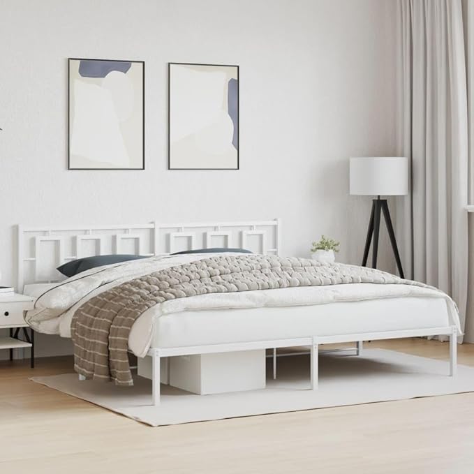 vidaXL White Metal Bed Frame with Headboard - Modern Bedroom Furniture King 76"x79.9" - Powder-Coated Steel Construction, Supportive Slats