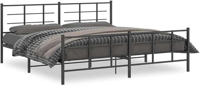 Modern Double Metal Bed Frame with Footboard and Underbed Storage, Sturdy Mattress Support Platform for Bedroom, Black Powder-Coated Finish, Space-Saving