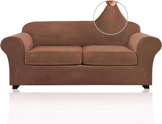 PrinceDeco Couch Cover Velvet Plush Sofa Covers for 2 Cushion Couch Width Up to 90 Inch Washable Furniture Protector Pet Friendly No Slip Sofa Slipcover(Medium-Large, Caramel)