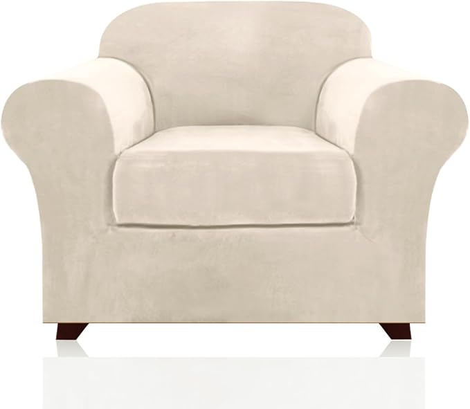 PrinceDeco Velvet Plush Couch Cover Stretch 2 Piece Chair Cover Chair Slipcover Washable Furniture Protector Couch Soft with Elastic Bottom Armchair Cover Width Up to 49 Inch(Small, Ivory)