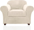 PrinceDeco Velvet Plush Couch Cover Stretch 2 Piece Chair Cover Chair Slipcover Washable Furniture Protector Couch Soft with Elastic Bottom Armchair Cover Width Up to 49 Inch(Small, Ivory)