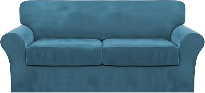 FantasDecor 3 Piece Sofa Covers Velvet for 2 Cushion Couch Stretch Loveseat Slipcover with Individual Seat Elastic Furniture Protector for Pets (Sofa, Peacock Blue)
