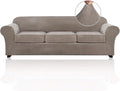 PrinceDeco Velvet XL Couch Cover for Oversized Sofa 4 Piece Sofa Covers for 3 Cushion Couch Washable Furniture Protector with Non Slip Elastic Bottom Width Up to 97 Inch(X-Large, Taupe)