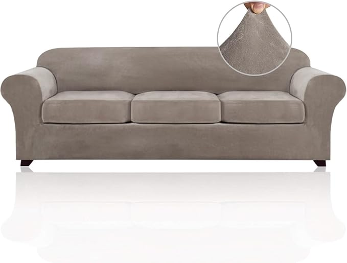 PrinceDeco Velvet XL Couch Cover for Oversized Sofa 4 Piece Sofa Covers for 3 Cushion Couch Washable Furniture Protector with Non Slip Elastic Bottom Width Up to 97 Inch(X-Large, Taupe)