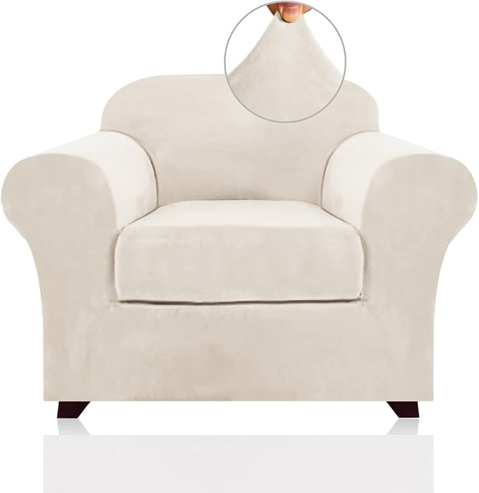 PrinceDeco Velvet Plush Couch Cover Stretch 2 Piece Chair Cover Chair Slipcover Washable Furniture Protector Couch Soft with Elastic Bottom Armchair Cover Width Up to 49 Inch(Small, Cream)
